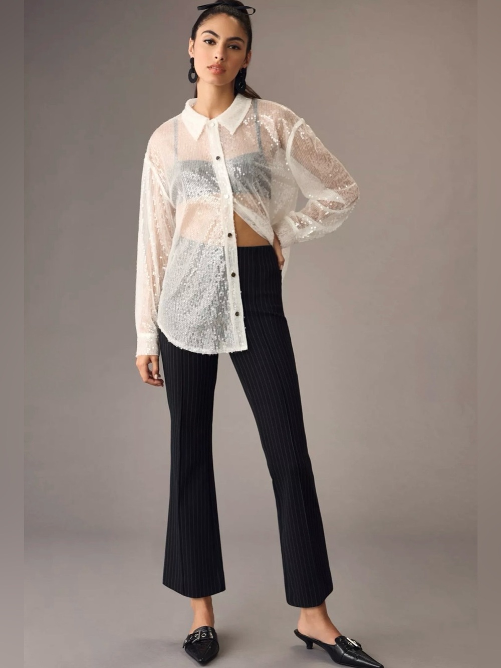 Maeve Anthropologie Margot Kick-Flare Cropped Pinstripe Pants Black